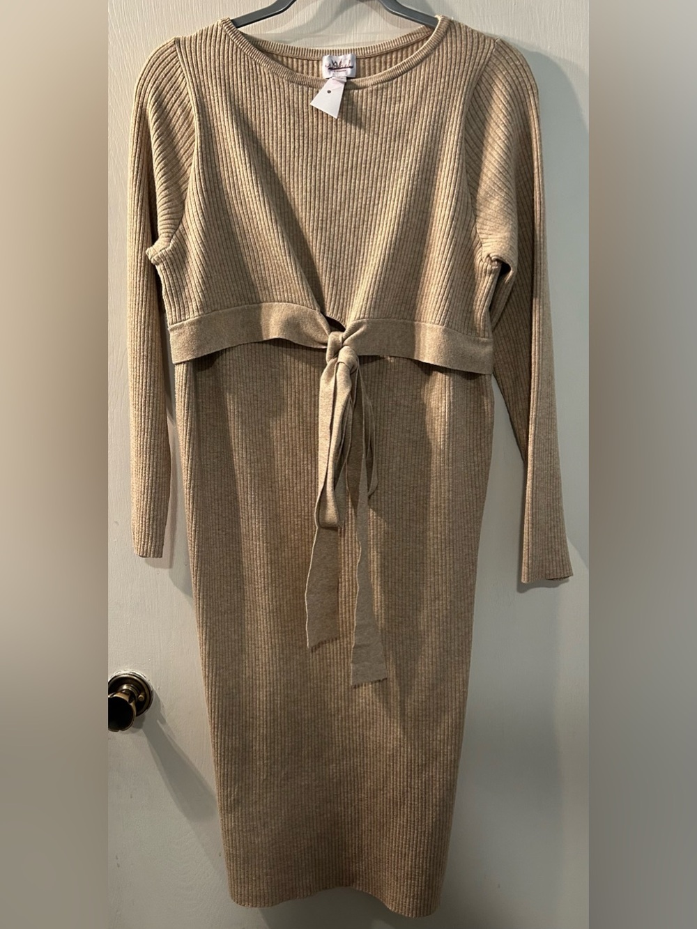 Isabel Maternity Ribbed Tie-Waist Knit Dress in Taupe Size M